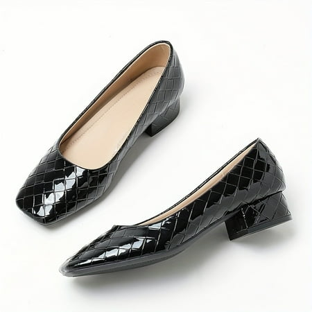 

Women s Solid Color Chunky Low Heels Square Toe Slip On Patent Leather Shoes All-Match Work Shoes