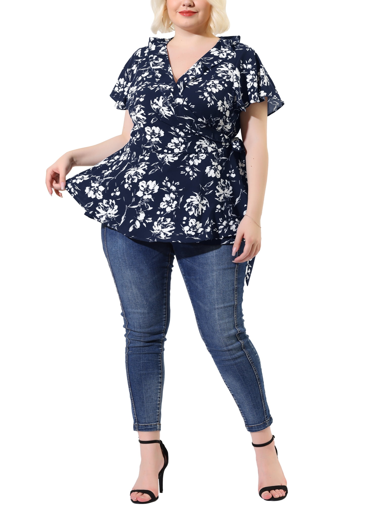 Unique Bargains Women's Plus Size Ruffle Bell Sleeve Wrap Tie Waist Boho Peplum Blouse