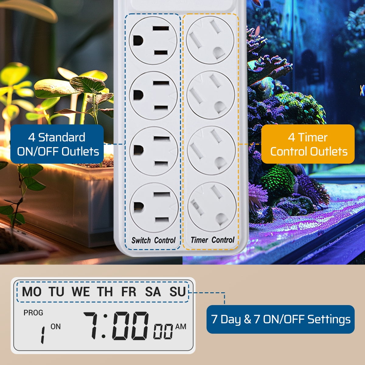 DEWENWILS 8-Outlet Power Strip with Timer (4 Timed/ 4 Always On), Digital Timer Outlet for Reptile Light, Turtle Grow Light Indoor Bearded Dragon Tank Accessory Aquarium, 6ft SJT Cord, 15A