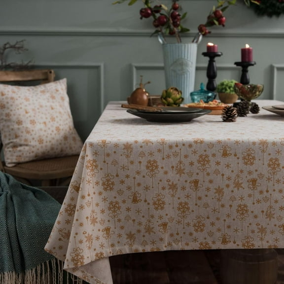 Dining Table Cloths Rectangle , Cotton Linen Table Cloth Christmas 4-8 Seater with Bells and Snowflake Pattern 140x180cm