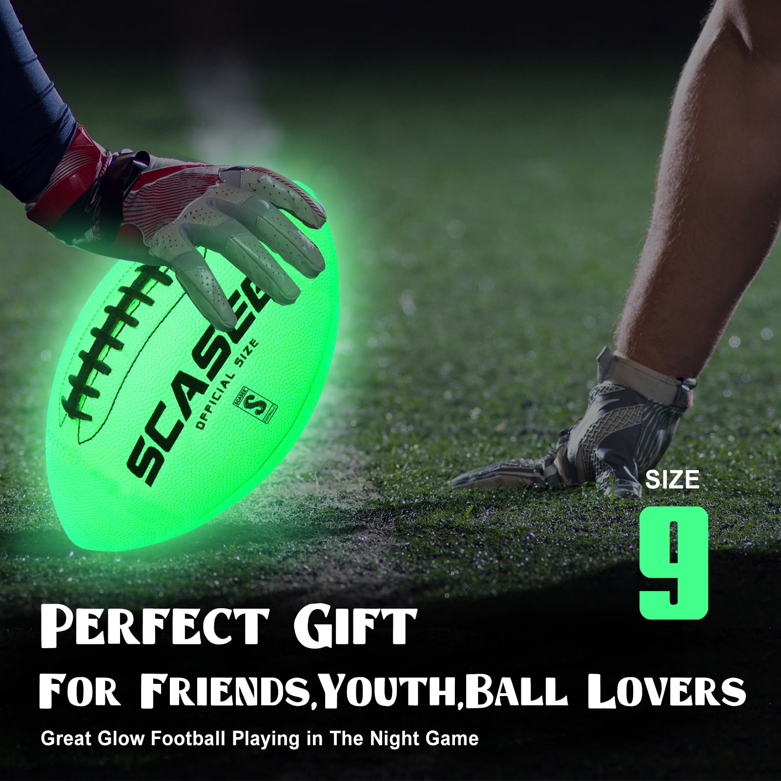 Football Glow in The Dark - Green Light Up Footballs Official Size 9 - Glowing Leather Night Ball Gift for Teen Boys Girls Men and Women - Outdoor Indoor Traning Balls