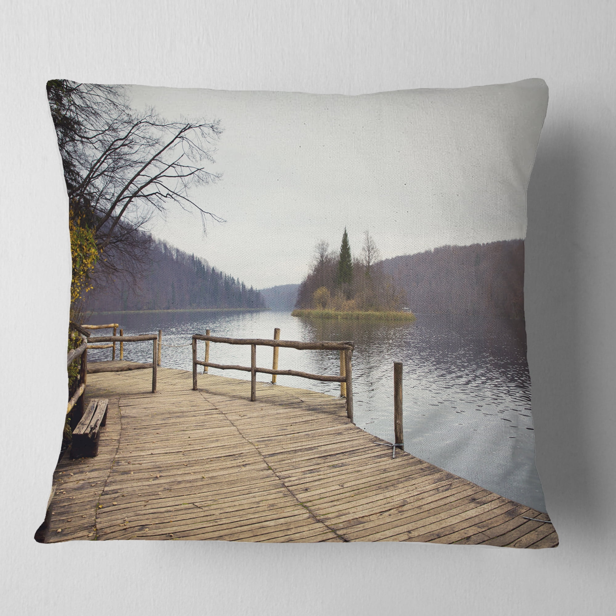 Designart Plitvice Lakes Wooden Bridge - Landscape Photo Throw Pillow - 16x16
