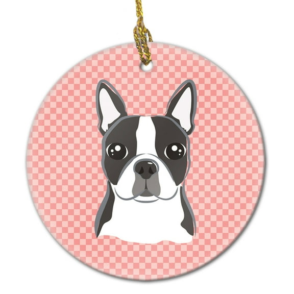 Carolines Treasures BB1203CO1 Checkerboard Pink Boston Terrier Ceramic Ornament 3 in multicolor