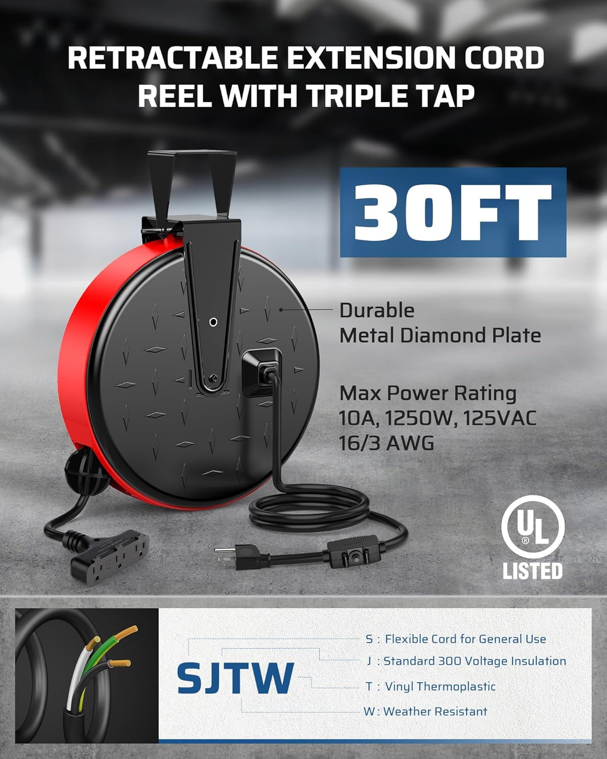 30 Ft Retractable Extension Cord Reel, Ceiling or Wall Mount 16/3 Gauge SJTW Power Cord with 3 Electrical Outlets Pigtail for Garage and Shop, 10 Amp Circuit Breaker, Metal Plate, UL Listed