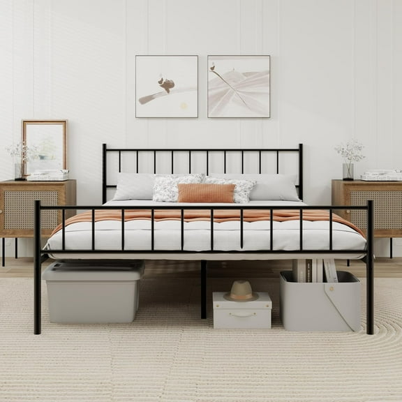 Metal Platform Queen Bed Frame with Headboard Sturdy Steel Slats Support No Box Spring Needed Easy Assembly Black