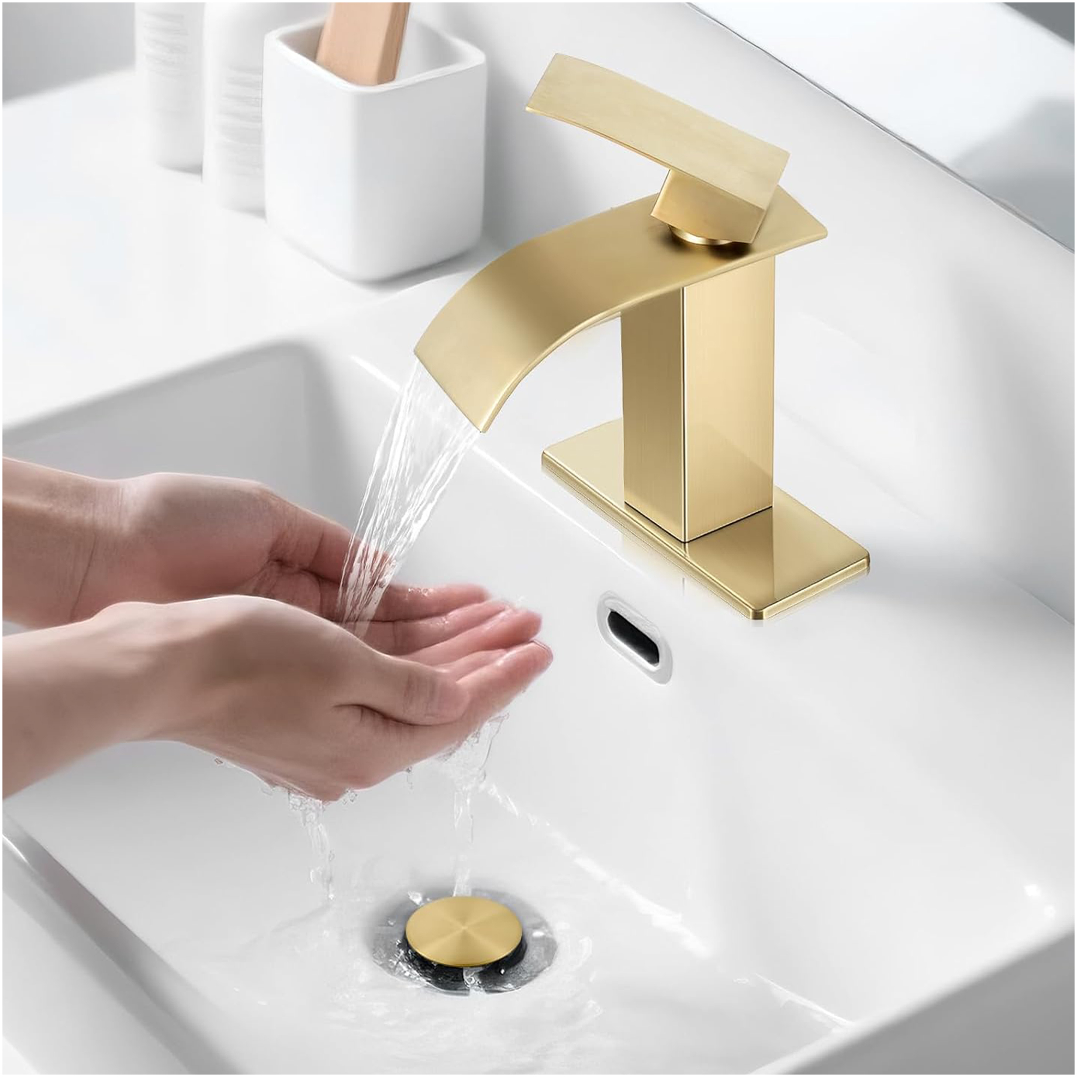 JERFIT Single Handle Bathroom Sink Faucet, Brushed Gold Modern Single Hole Vanity Faucet with WaterSense, Stainless Steel Lavatory Faucet for Bathroom