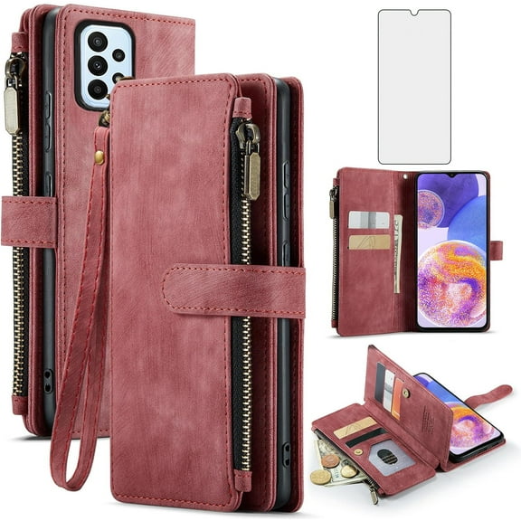 Asuwish Compatible with Samsung Galaxy A23 5G/4G Wallet Phone Case and Tempered Glass Screen Protector Faux Leather Flip Credit Card Holder Stand Zipper Slot Cell Cover for A 23 23A 6.6 Women Red