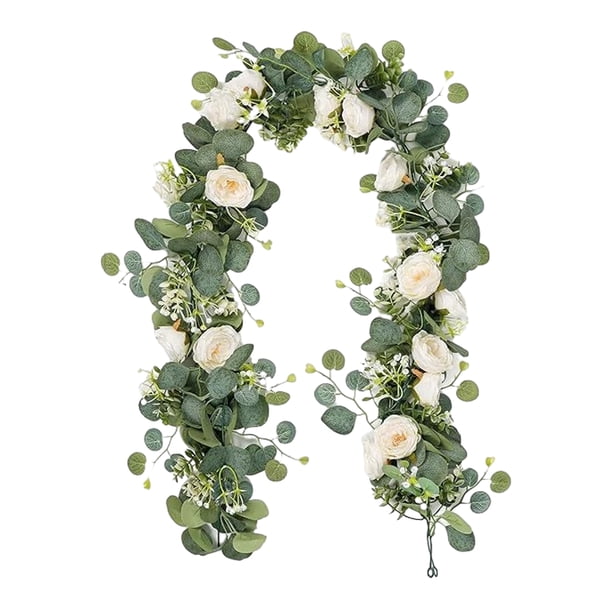 Guirnalda de flores artificiales de eucalipto con rosas, guirnalda de flores artificiales, enredadera de rosas falsas para centro de mesa, camino de mesa, decoración de fondo de pared
