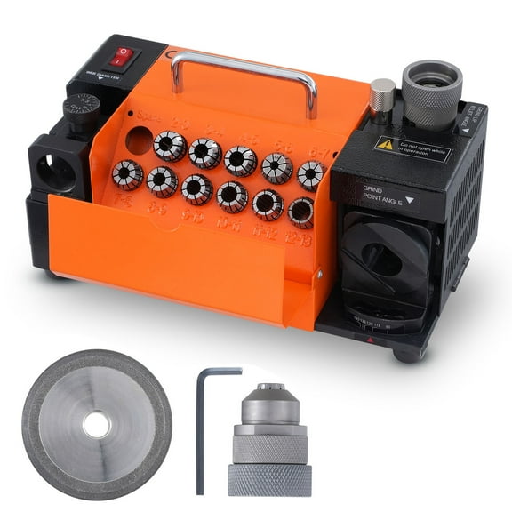 KFFKFF Drill Bit Sharpener, Portable End Mill Grinder for 3-13mm Bits, Adjustable Point Angle 95°-135°, Compact Sharpening Tool with 11 Collets and CBN Wheel for HSS