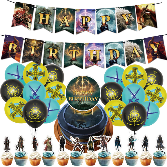 32 PCS For Elden Ring Birthday Party Decorations, With 1 Happy Birthday Banner Garland,18 Balloons,13 Cupcake Toppers for decorative supplies set