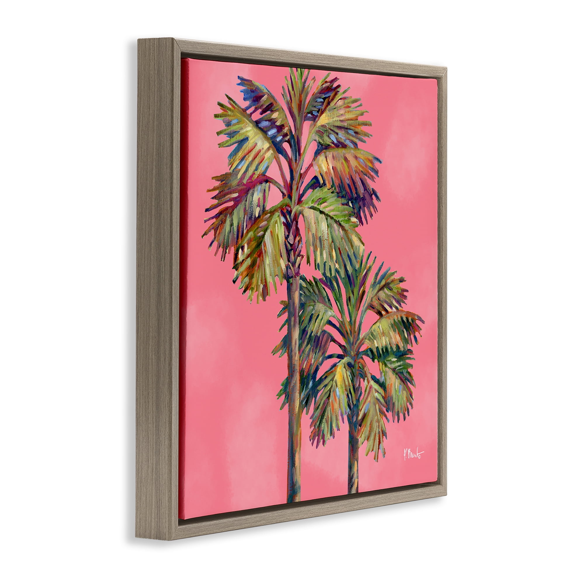 Stupell Industries Bondi Palms on Pink Plants & Flowers Painting Brown Floater Framed Canvas Art Print Wall Art, 25 x 25