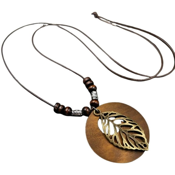 Vintage Wooden Pendant Necklace Handmade Vintage Bronze Leaf Long Leather Chain Sweater Necklace for Women Boho Ethnic Style Handmade Jewelry