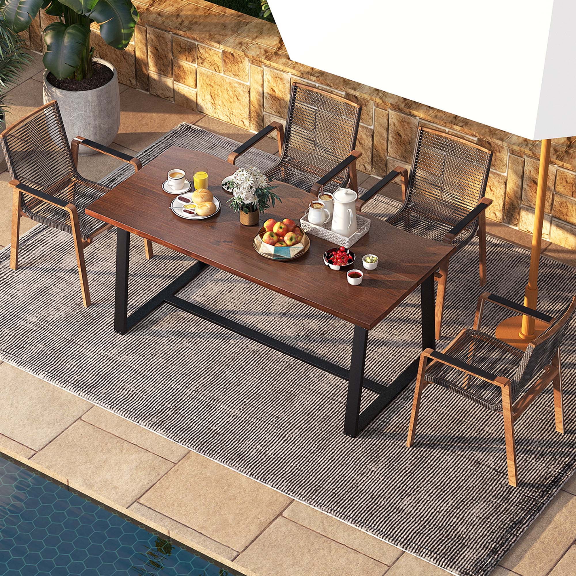 Costway 63" Large Dining Table for 4-6 People with Wavy Edge Heavy-duty Metal Frame Coffee