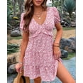 thumbnail image 6 of Womens Cute Floral V Neck Puff Sleeve Sundress Casual Summer Dresses for Women 2025 Pink XL, 6 of 9