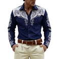thumbnail image 2 of Mens Dress Shirts Western Cowboys Print Long Sleeve Button Lapel Top Casual Carnival Classic Comfortable Shirt for Men Navy L, 2 of 3