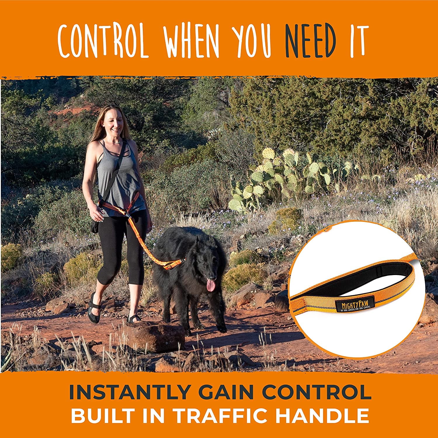 Mighty Paw Hands Free Bungee Leash 2.0 | 4? Dog Lead W/ Dual Padded Traffic Handles For Running, Hiking & Jogging.