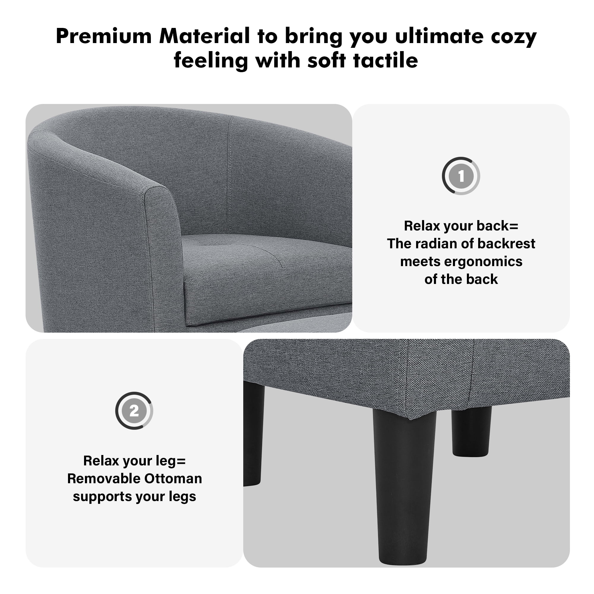 Aukfa Barrel Accent Chair with Ottoman & Arms, Modern Upholstered Chair for Bedroom/ Living Room, Gray