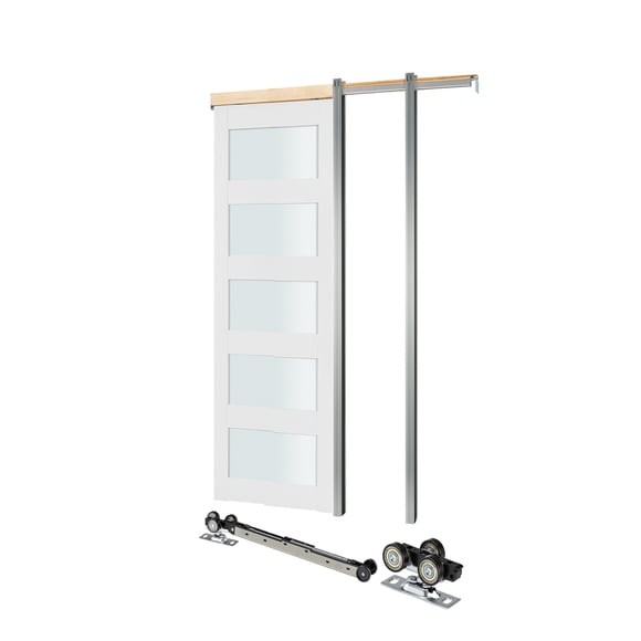 KFFKFF Sliding Pocket Door, 30" x 80", 5-Lite Frosted Glass Single Sliding Door with Hardware Kit, Sturdy Solid Wood & MDF Pocket Doors Slab with Waterproof Surface for Bedroom Kitchen Study Room