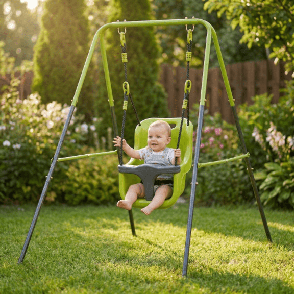 Toddler Swing Set with Safety Seat and Steel Frame, Outdoor Indoor Infant Swing, Backyard Play Structure- Black Green