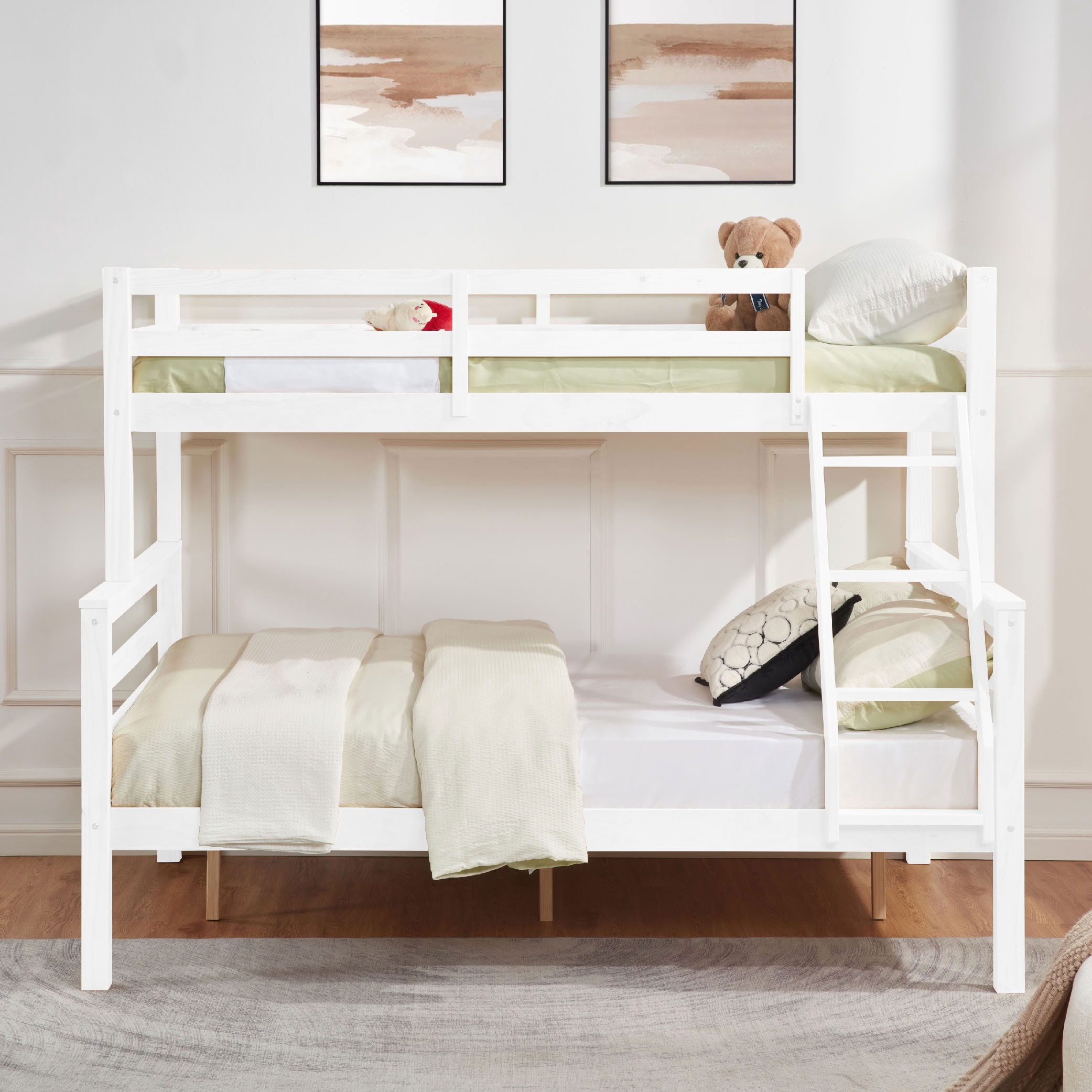 MAYEERTY Twin over Full Bunk Bed with Thick Posts, Solid Wood Bed Frame with High Guardrail and Ladder, for Kids Teens Dorm Rooms Guest Rooms, No Box Spring Needed