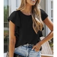 thumbnail image 2 of Mujeres Volantes Tops Color Puro Elegante Cuello Redondo Top Manga Corta Tops para Citas Trabajo Negro XL, 2 of 6
