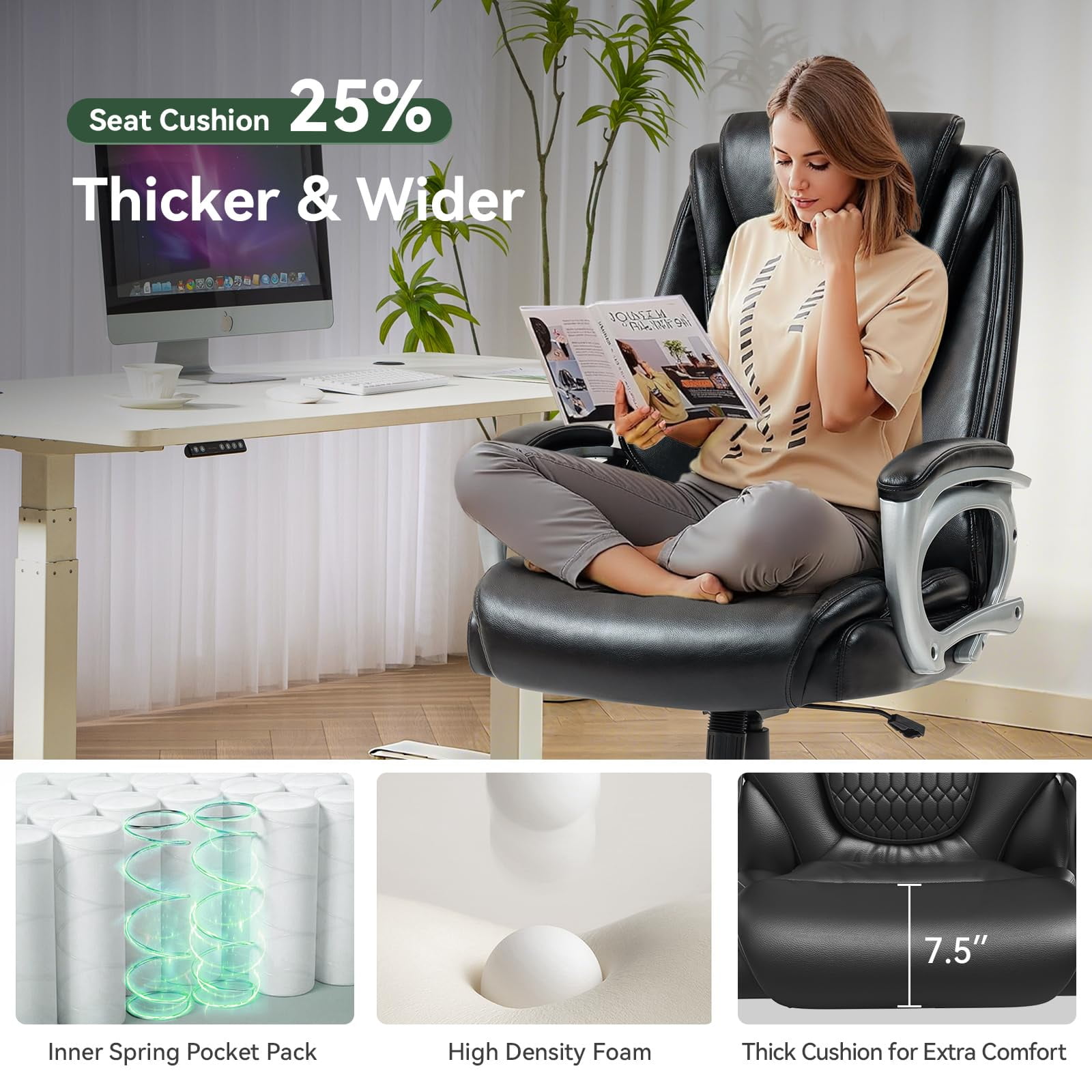 Big and Tall Office Chair 500lbs, Heavy Duty Executive Office Chair, Adjustable Height High Back Ergonomic PU Leather Desk Chair, 360° Swivel Rolling Wheels for Home Office (Black)