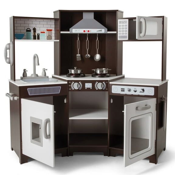 Brown Kids Wooden Corner Play Kitchen Set Pretend Cooking Playset Toys Boys Girls Gift with Microwave Oven,Water Dispenser,Phone,Sink,Utensils