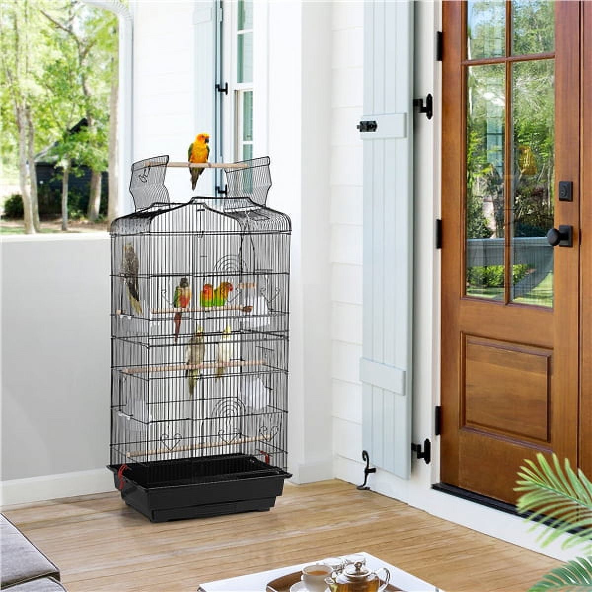 Alden Design Large 41" Metal Bird Cage with Play Top for Parakeets and Lovebirds, Black