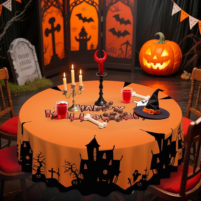 Halloween Tablecloth Round Table Cloth Pumpkin Ghost Table Cover 70Inch Table Cover for Home Kitchen Dining Party