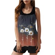 Dagegui 2 Piece Tankini Swimsuit for Women Casual Beach Crewneck Swim Tank Tops with Boyshorts Summer Modest Bathing Suits Coffee XL