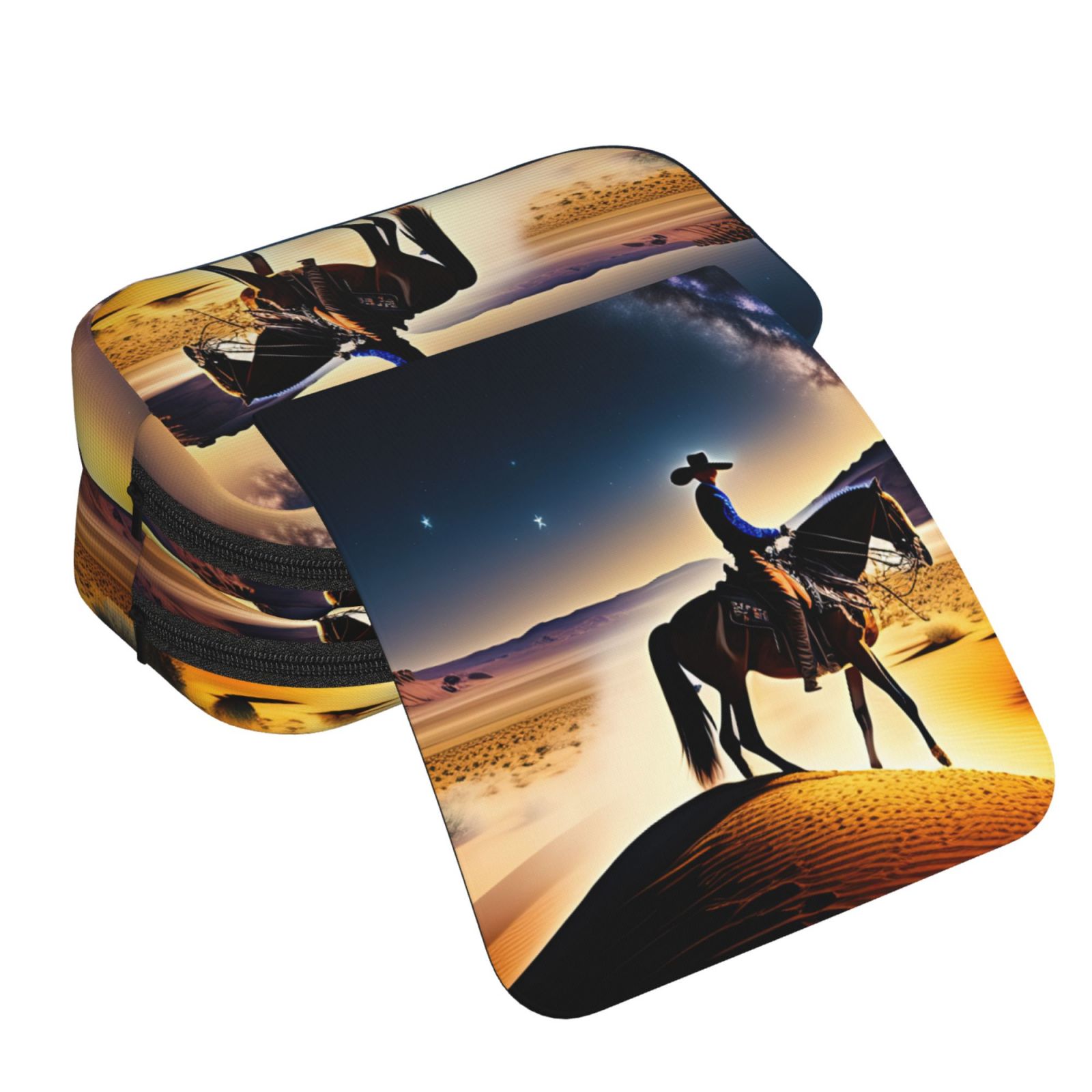 Rateoe Azure Sky Western Desert Cowboy Pattern Double Clamshell Pen Case, Storage Organizer with Two Zipper Compartments– Holds Up to 50 Pencils & Pens