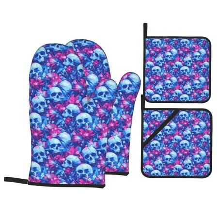

Oven Mitts and Pot Holders Sets 4 pcs blue Skull purple flower Non-Slip Oven Gloves Potholders Soft Quilted Lining Heat Resistant Gloves Hot Pads for Kitchen Cooking Baking