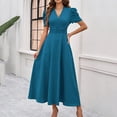 thumbnail image 2 of Bxsruta Womens Maxi Dress V Neck Short Puff Sleeve Pleated Flowy Casual Dresses for Women Vacation, 2 of 7