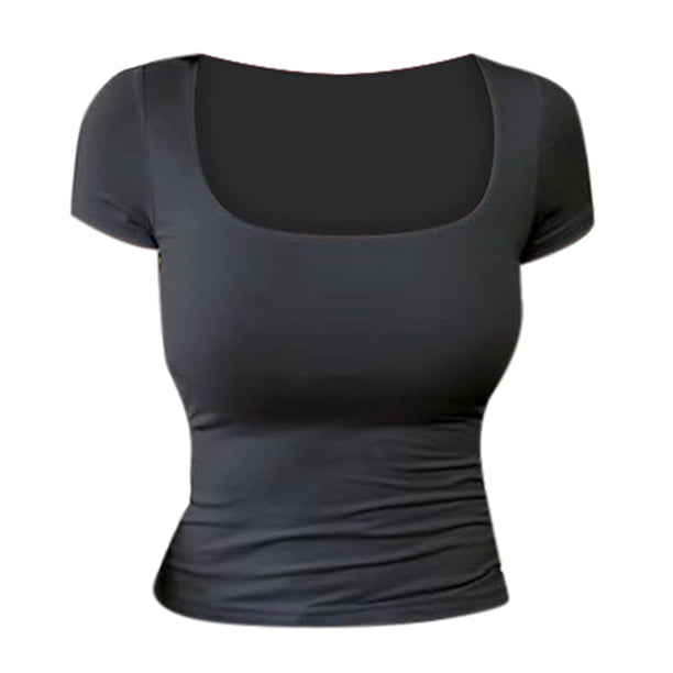 Camiseta de manga corta con cuello en U ajustada para mujer: top informal de color liso, material suave y transpirable, tallas S/M/L/XL/XXL.