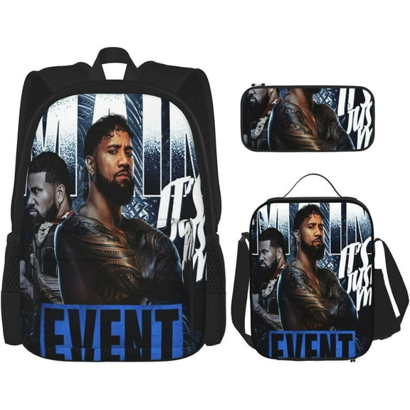 Jey USO Wrestler Backpack 3 Pieces Set With Lunch Bag And Pencil Pouch Combination for Work/Sport/Picnic Classic Laptop Backpack Travel Daypack Stationery Bag