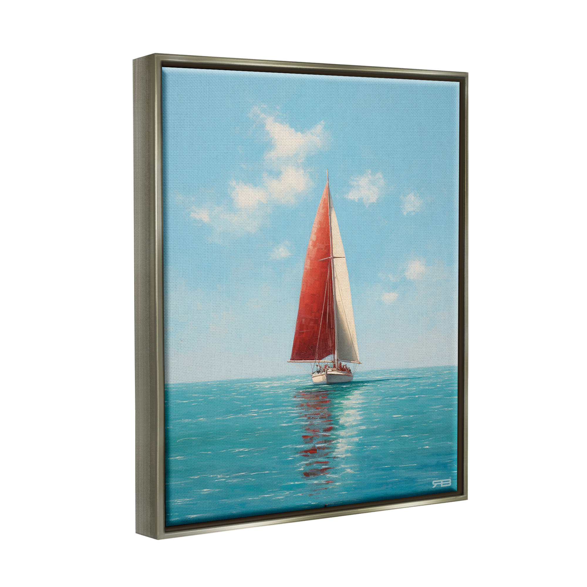 Stupell Industries Red Sailboat on Sea Transportation Painting Gray Floater Framed Canvas Art Print Wall Art, 17 x 21