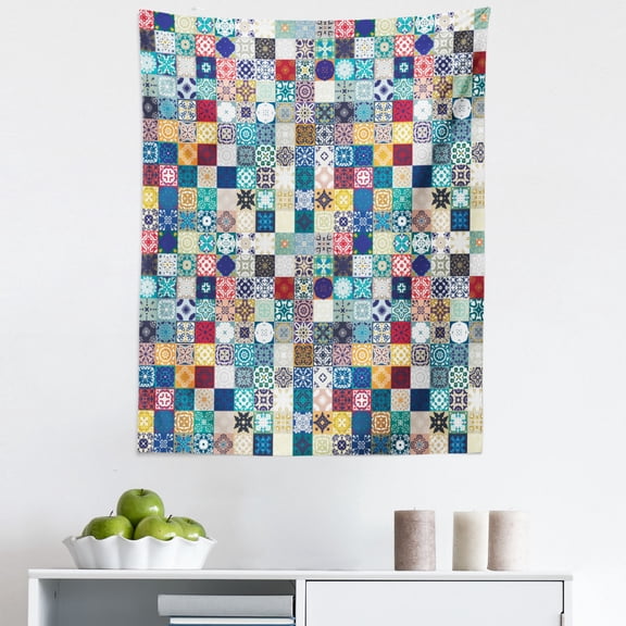 Moroccan Tapestry, Oriental Eastern Pattern Grid Style Patchwork Ornament Tiles Design, Fabric Wall Hanging Decor for Bedroom Living Room Dorm, 5 Sizes, Multicolor, by Ambesonne