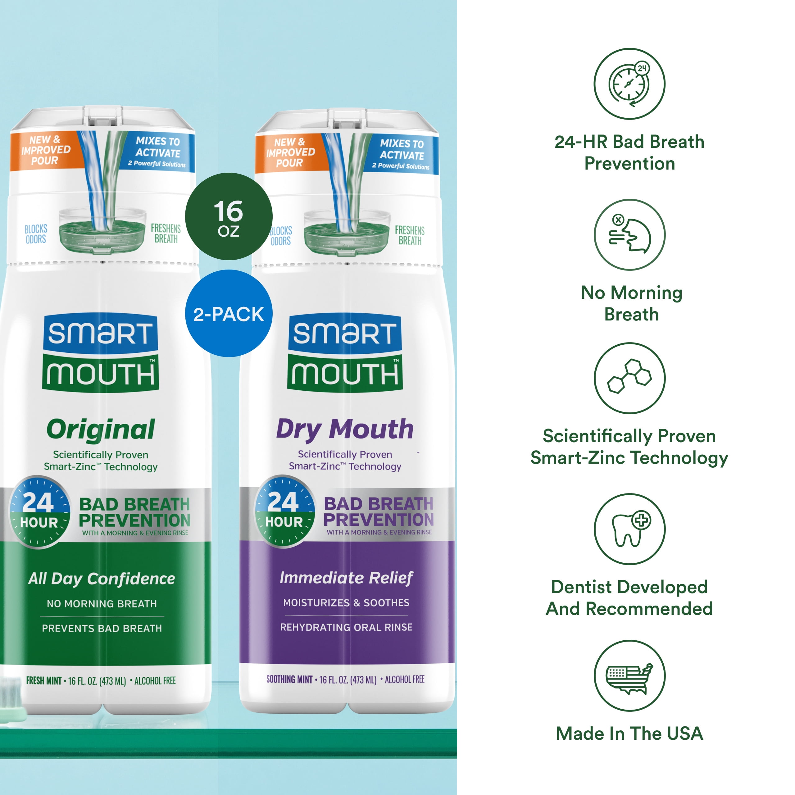 SmartMouth Original & Dry Mouth Activated Mouthwash - Fresh Breath & Dry Mouth Relief - Bad Breath Prevention Mouthwash, 16 fl oz Each