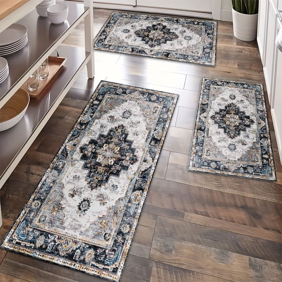 Kitchen Rugs Sets of 3 Non Slip Washable Kitchen Mats for Floor, Waterproof Kitchen Runner Rug, Floor Mat Carpet for Entryway, Laundry, Sink, Hallway, Bathroom