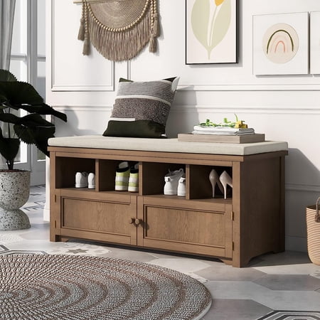 Brown Rustic Wood Two-Doors Storage Shoe Bench for Entryway Hallway Foyer or Mudroom