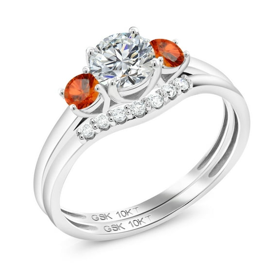 Gem Stone King 10K White Gold Lab Grown Diamond and Orange Sapphire Bridal-Sets Ring for Women | 0.88 Cttw | Round 5MM | Gemstone April Birthstone | Size 5