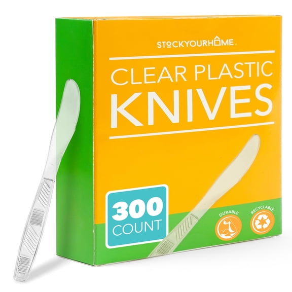 Stock Your Home Clear Plastic Knives, Heavyweight Plastic Knives (300 Pack), Plasticware Disposable Knives Bulk, Clear Plastic Knives Heavy Duty, Plastic Utensils for Party Supplies