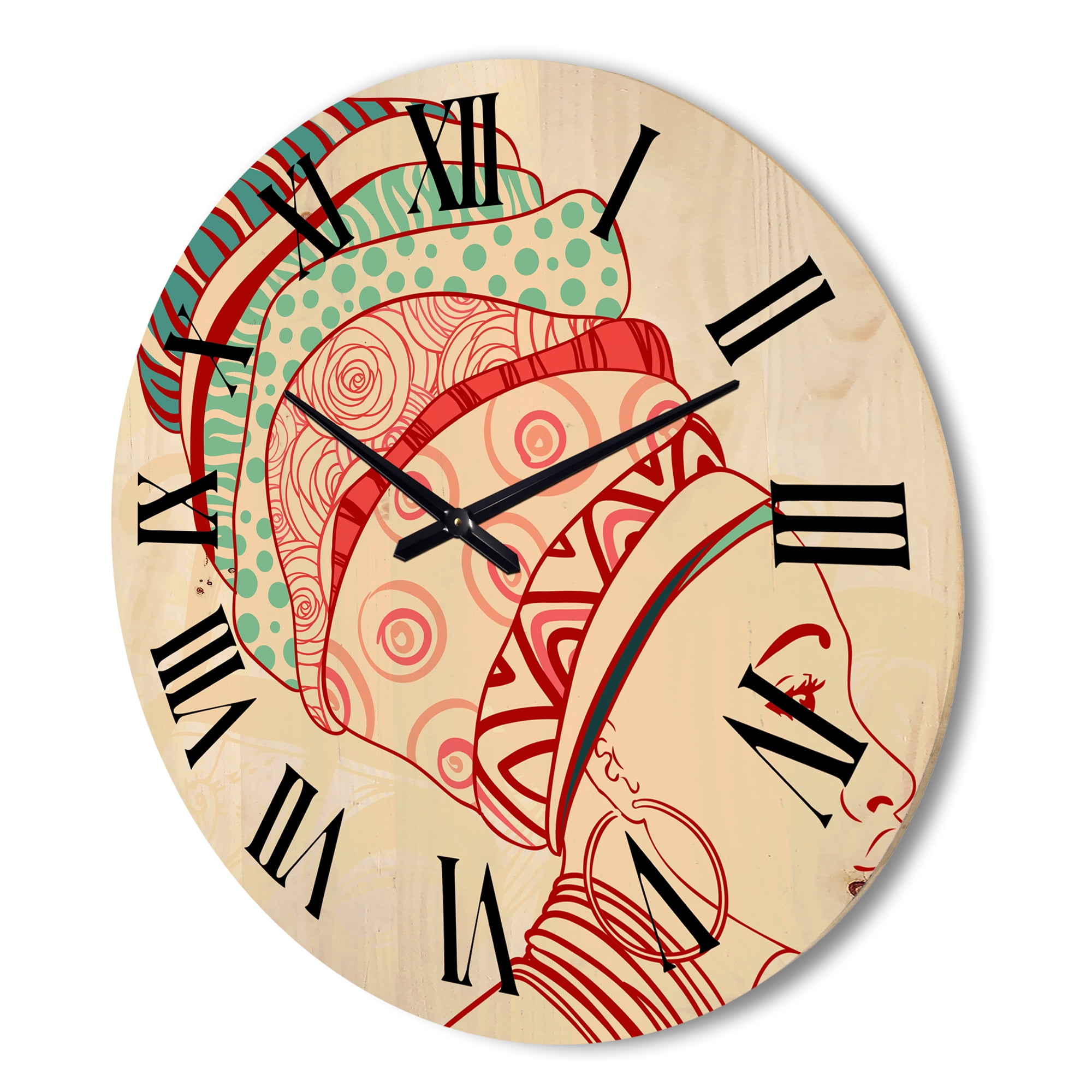 Designart 'African American Woman Portrait with Turban II' Modern Wood Wall Clock