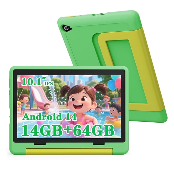 BESTSKI 10.1 inch Kids Tablet, 14GB RAM 64GB ROM, 5G WiFi HD Display with Protective Case, Green