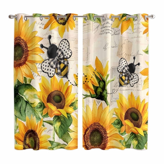 Sunflower Bee Kitchen Curtains 84 Inch Length, Yellow Botanical Vintage Rose Floral Spring Grommet Top Bedroom Living Room Curtains, Light Filtering Cafe Curtain Drapes 2 Panels Set 104''x84''