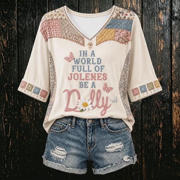Women's Dolly Shirts Country Music Legend Versatile T Shirt Printed V Neck 3/4 Sleeve Casual Tops Graphic T‑Shirt L