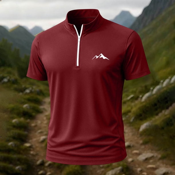 Blusa y camisa de manga corta con cuello alto para hombre, de verano, de color liso, ajustada, deportiva, con cremallera, de manga corta, con cuello alto.