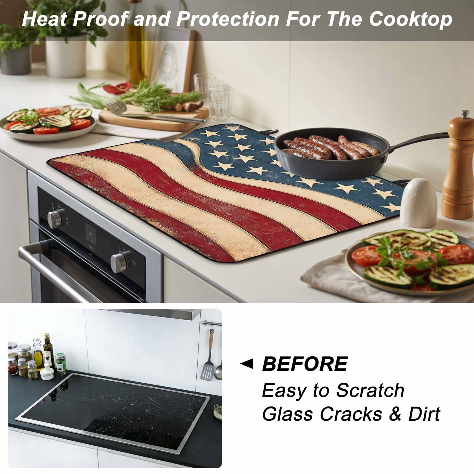 Vintage American Flag Stove Top Cover for Electric Stove, Heat-proof & Non Slip Glass Top Stove Cover Protector, Blue Red White Star US Flag Kitchen Flat Cooktop Rubber Mat 24x21 Inches