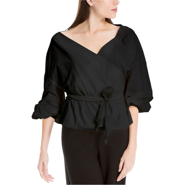 Max Studio London Womens Belted Wrap Blouse, Black, Small