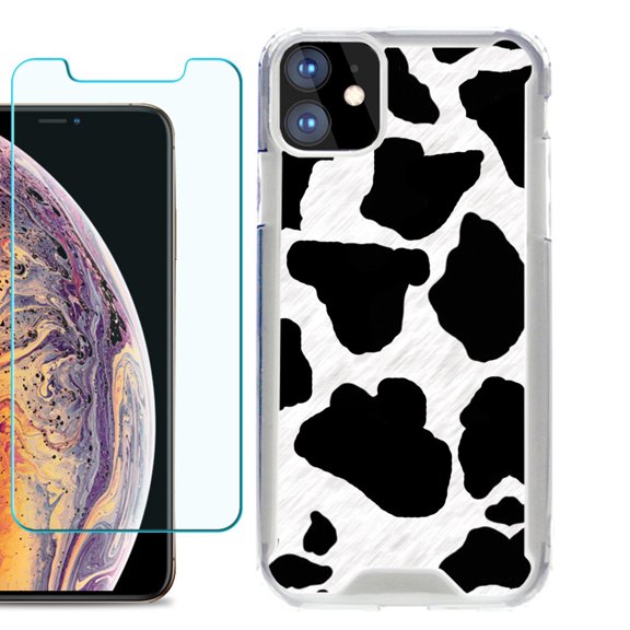 For Apple iPhone 11 Case, Hybrid Bumper Phone Case, with Tempered Glass Screen Protector, by OneToughShield ® - Cow Skin Design